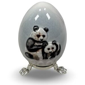 Goebel 2001 Panda Bear Porcelain‎ Collector Egg with Silver Tone Stand Germany